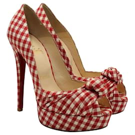 Christian Louboutin-Red Gingham Greissimo Peep-Toe Pumps-Red
