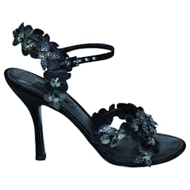 Louis Vuitton-Black Sandals with Crystal Embellishments-Black