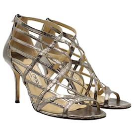 Jimmy Choo-Silver Embossed Cage Sandals-Silvery,Metallic