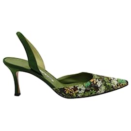 Manolo Blahnik-Green Print Slingback Pointed Toes Heels-Green