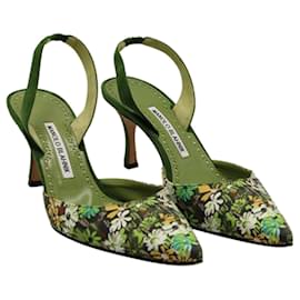Manolo Blahnik-Green Print Slingback Pointed Toes Heels-Green