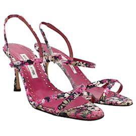Manolo Blahnik-Pink Floral Print Strappy Slingback Sandals-Pink