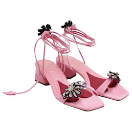 Roger Vivier-Pink Suede Sandals with Flower Embroidery-Pink