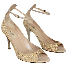 Valentino-Beide Peep-Toe Heels com Golden Studs-Dourado,Metálico