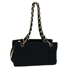 Chanel-CHANEL Choco Bar Chain Shoulder Bag Cotton Black CC Auth bs10700-Black