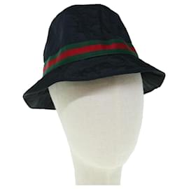 Gucci-GUCCI Web Sherry Line Hat Nylon M Size Black Red Green Auth am5552-Black,Red,Green