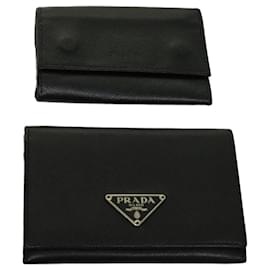 Prada-PRADA Porta-cartões Porta-chaves Couro 2Definir Black Auth bs10887-Preto