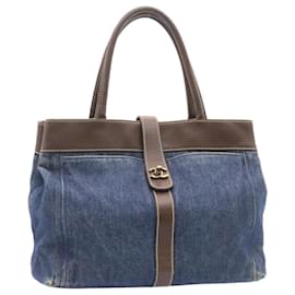 Chanel-CHANEL Sacola Denim Couro Azul Marrom CC Auth am1770g-Marrom,Azul