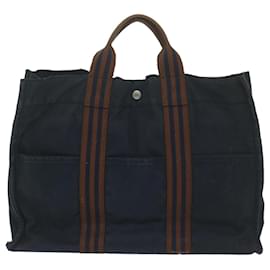 Hermès-HERMES Fourre Tout MM Hand Bag Canvas Brown Navy Auth bs11427-Brown,Navy blue