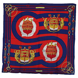 Hermès-HERMES CARRE 90 CHATEAUX DARRIERE Scarf Silk Red Blue Auth 62428-Red,Blue