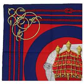 Hermès-HERMES CARRE 90 CHATEAUX DARRIERE Scarf Silk Red Blue Auth 62428-Red,Blue