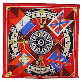 Hermès-HERMES CARRE 90 SEXTANTS Scarf Silk Red Auth bs10917-Red