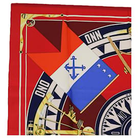 Hermès-HERMES CARRE 90 SEXTANTS Scarf Silk Red Auth bs10917-Red