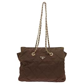 Prada-PRADA Quilted Chain Shoulder Bag Nylon Leather Brown Auth bs8585-Brown