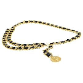 Chanel-CHANEL Cinto Corrente Metal Couro 33.5"" Black Gold CC Autor11056-Preto,Dourado