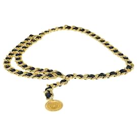 Chanel-CHANEL Cinto Corrente Metal Couro 33.5"" Black Gold CC Autor11056-Preto,Dourado