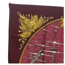 Hermès-HERMES CARRE 90 Foulard Marine Et Cavalerie Seta Vino Rosso Auth ac2492-Altro