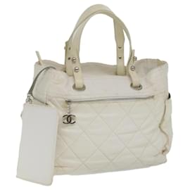 Chanel-CHANEL Paris Biarritz Tote Bag Coated Canvas White CC Auth bs9935-White