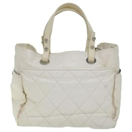 Chanel-CHANEL Paris Biarritz Tote Bag Coated Canvas White CC Auth bs9935-White
