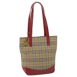 Burberry-BURBERRY Nova Check Tote Bag Nylon Leather Beige Red Auth 62340-Red,Beige