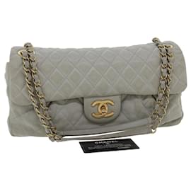 Chanel-CHANEL Lamb Skin Matelasse Double Chain Shoulder Bag Gray CC Auth am1097gA-Grey
