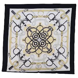 Hermès-HERMES CARRE 90 Eperon d�fOr Scarf Silk Black White Auth am5304-Black,White