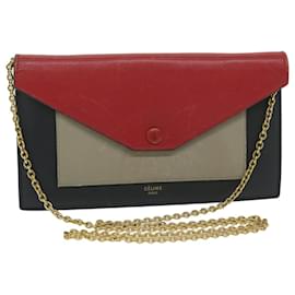 Céline-Carteira CELINE Corrente Couro Vermelho Auth ep2918-Vermelho