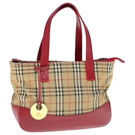 Burberry-BURBERRY Nova Check Hand Bag Nylon Leather Beige Red Auth 63499-Red,Beige