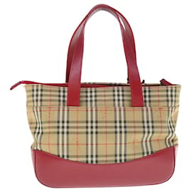 Burberry-BURBERRY Nova Check Hand Bag Nylon Leather Beige Red Auth 63499-Red,Beige