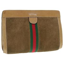 Gucci-GUCCI Web Sherry Line Clutch Bag Suede Brown Red Green 67 014 2126 Auth ep2886-Brown,Red,Green