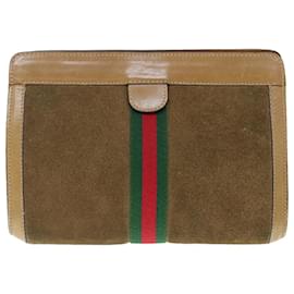 Gucci-GUCCI Web Sherry Line Clutch Bag Suede Brown Red Green 67 014 2126 Auth ep2886-Brown,Red,Green