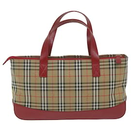 Burberry-BURBERRY Nova Check Hand Bag Canvas Beige Red Auth 62506-Red,Beige