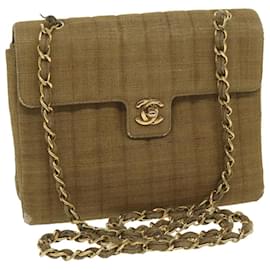 Chanel-CHANEL Bolsa de Ombro com Corrente Lona Marrom CC Auth 62565UMA-Marrom