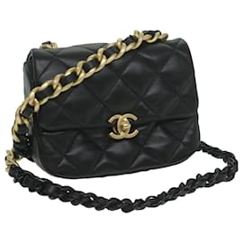 Chanel-CHANEL Matelasse Turn Lock Chain Shoulder Bag Lamb Skin Black CC Auth ar11105A-Black