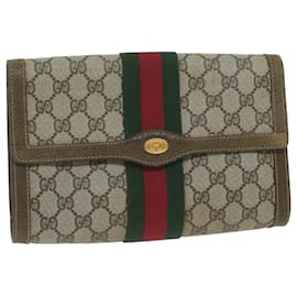 Gucci-GUCCI GG Supreme Web Sherry Line Clutch Bag Beige Red 67 014 3087 Auth th4426-Red,Beige