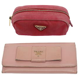 Prada-PRADA Wallet Pouch Canvas Leather 2Set Red Pink Auth yb473-Pink,Red