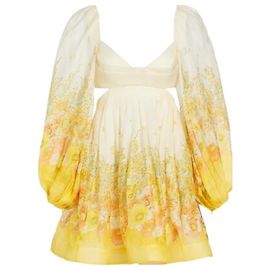 Vestido Zimmermann Saks Fifth Avenue de seda e linho branco amarelo Branco Amarelo