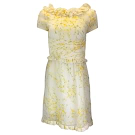 Autre Marque-Valentino Marfim / amarelo / Vestido de seda de manga curta com estampa floral multicolorida verde-Multicor