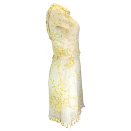 Autre Marque-Valentino Marfim / amarelo / Vestido de seda de manga curta com estampa floral multicolorida verde-Multicor