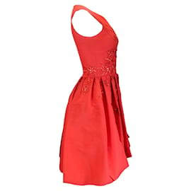 Autre Marque-Carolina Herrera Red Floral Embellished Sleeveless A-Line Dress-Red