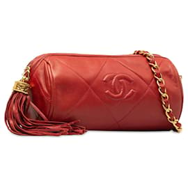 Chanel-Sac à bandoulière baril à pompons matelassé rouge Chanel-Rouge