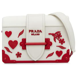 Prada-Weiße Prada-Cahier-Tasche aus City-Kalbsleder mit Saffiano-Besatz und Blumenherz-Weiß