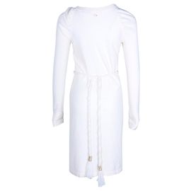 Knielanges, langärmliges Strickkleid von Chanel aus cremefarbenem Kaschmir Weiß Roh