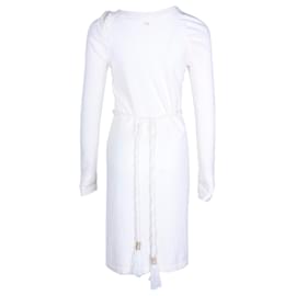 Chanel-Chanel Long-Sleeve Knit Knee-Length Dress in Cream Cashmere-White,Cream