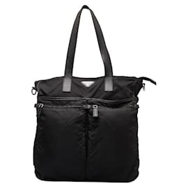 Prada-Prada Saffiano-Trimmed Tessuto Double Pocket Tote Canvas Shoulder Bag in Good condition-Other