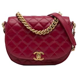 Chanel-Solapa de cadena de piel de cordero acolchada CC roja Chanel-Roja