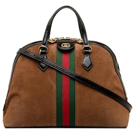 Gucci-Bolso satchel de gamuza Ophidia con tribanda mediana marrón Gucci-Castaño