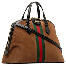 Gucci-Bolso satchel de gamuza Ophidia con tribanda mediana marrón Gucci-Castaño