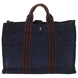 Hermès-HERMES Fourre Tout MM Hand Bag Canvas Brown Navy Auth 66624-Brown,Navy blue