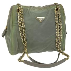 Prada-PRADA Chain Shoulder Bag Nylon Khaki Auth 66500-Khaki